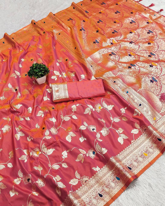 Coral Pink Silk Saree with Floral Zari Weaving