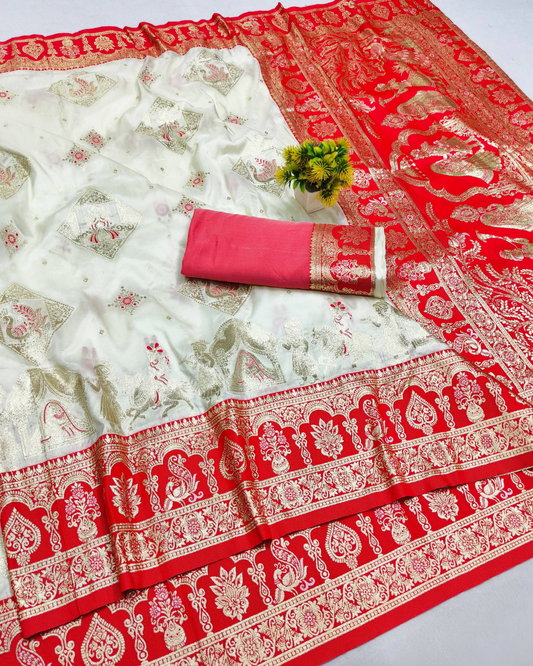 Cream Banarasi Silk Saree with Meenakari Border & Heavy Pallu
