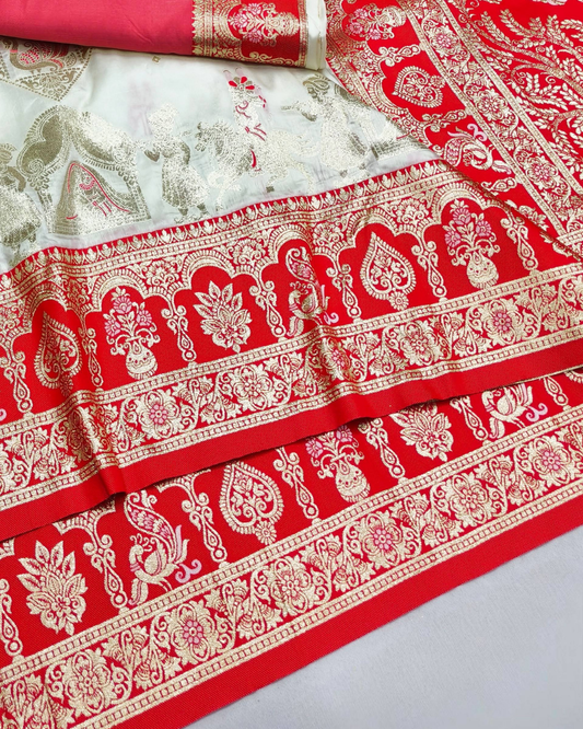 Cream Banarasi Silk Saree with Meenakari Border & Heavy Pallu