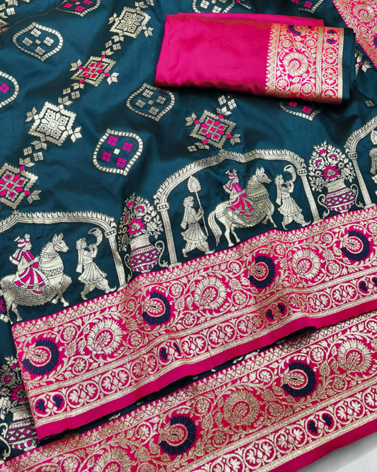 Teal Blue Banarasi Silk Saree with Contrast Pink Border & Designer Pallu