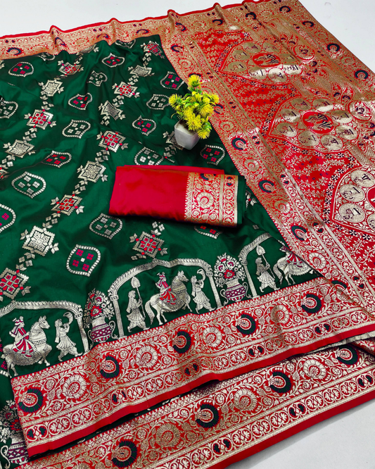 Bottle Green Banarasi Silk Saree with Contrast Red Border & Designer Pallu