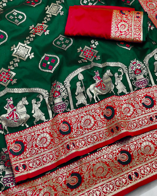 Bottle Green Banarasi Silk Saree with Contrast Red Border & Designer Pallu