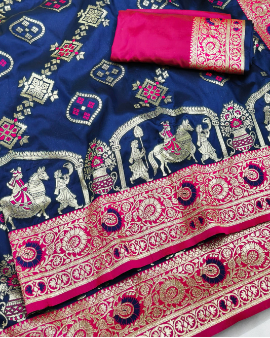 Royal Blue Banarasi Silk Saree with Contrast Rani Pink Border & Designer Pallu