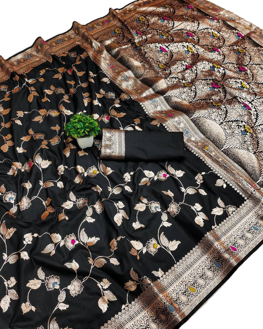 Midnight Black Silk Saree with Floral Zari Weaving