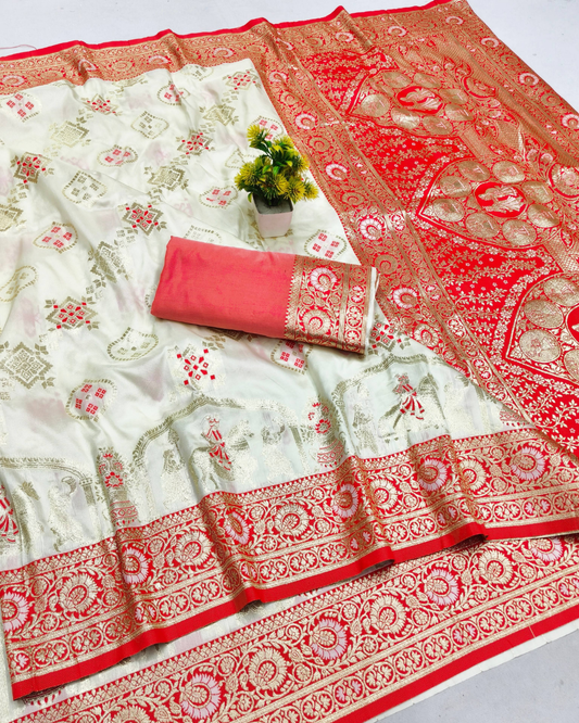Cream Banarasi Silk Saree with Contrast Red Border & Designer Pallu