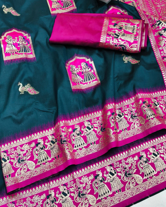 Bottle Green Banarasi Silk Saree with Contrast Rani Pink Border & Designer Pallu