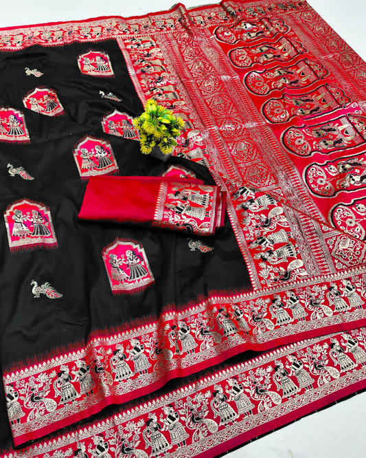 Black Banarasi Silk Saree with Contrast Red Border & Designer Pallu