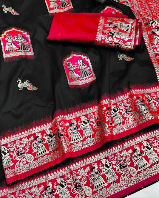 Black Banarasi Silk Saree with Contrast Red Border & Designer Pallu