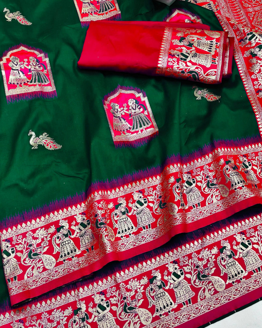 Dark Green Banarasi Silk Saree with Contrast Red Border & Designer Pallu