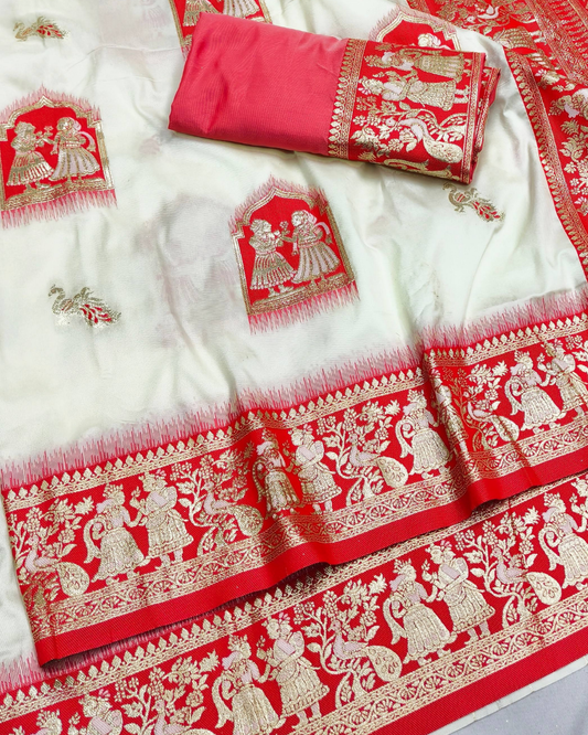 Cream Banarasi Silk Saree with Contrast Red Border & Designer Pallu