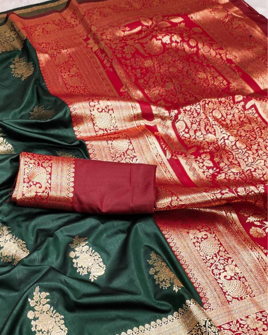 Dark Bottle Green Banarasi Silk Saree with Maroon Designer Pallu