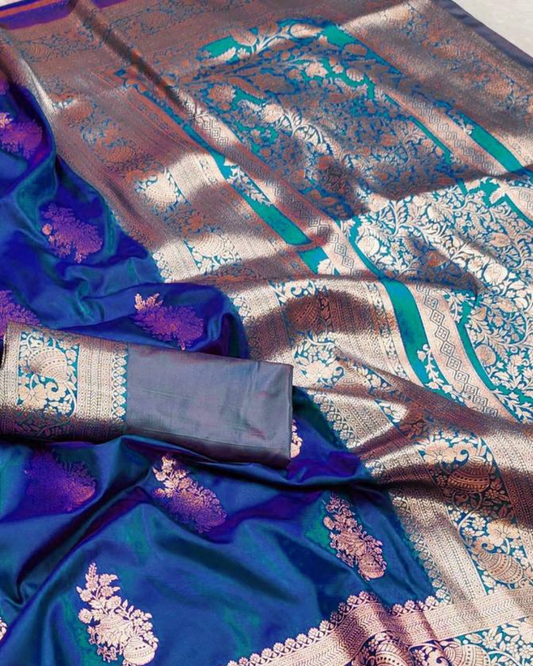 Royal Blue Banarasi Silk Saree with Aqua Blue Designer Pallu
