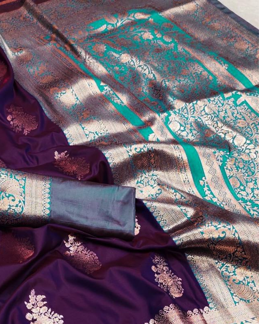 Wine Purple Banarasi Silk Saree with Aqua Blue Designer Pallu