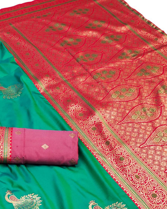 Emerald Green Banarasi Saree with Peacock Zari Weaving