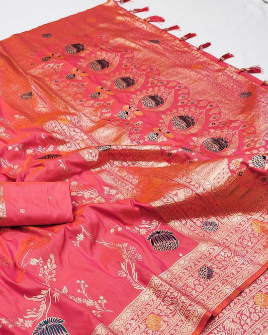 Coral Pink Floral Zari Banarasi Silk Saree