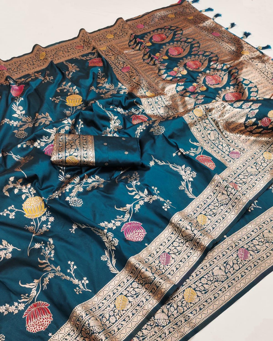 Teal Blue Floral Zari Banarasi Silk Saree