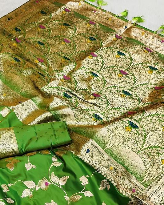Parrot Green Silk Saree with Floral Zari Weaving