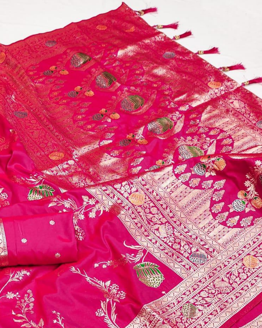 Rani Pink Banarasi Silk Saree with Floral Zari Weaving