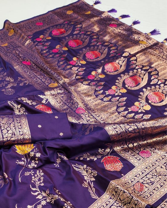 Deep Purple Banarasi Silk Saree with Floral Zari Weaving