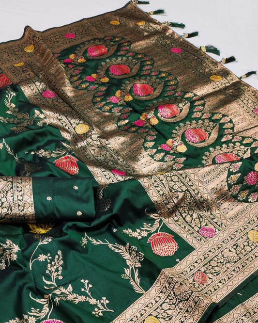 Bottle Green Banarasi Silk Saree with Floral Zari Weaving