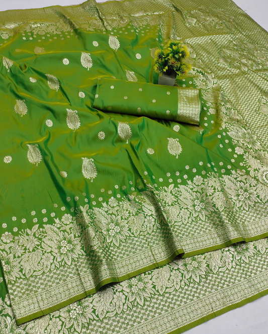 Dual Tone Green Banarasi Silk Saree with Silver Zari Floral Weaving