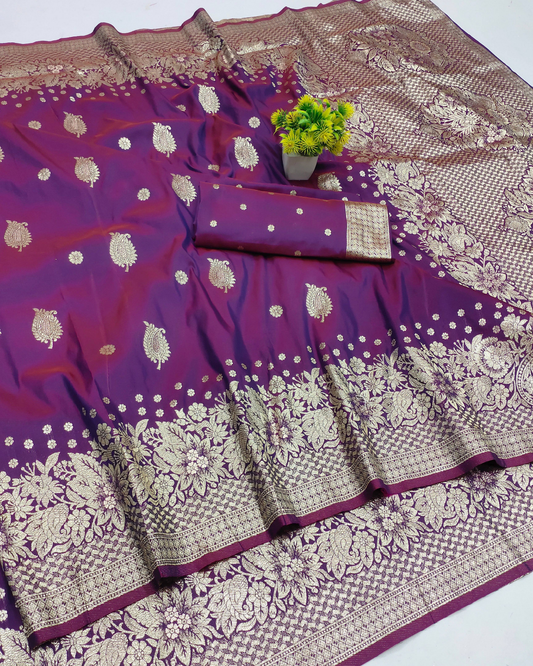 Dual Tone Wine Purple Banarasi Silk Saree with Silver Zari Floral Weaving