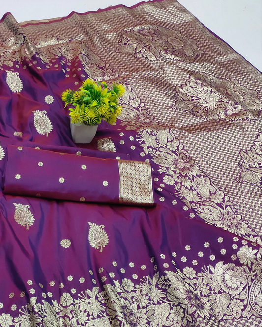 Dual Tone Wine Purple Banarasi Silk Saree with Silver Zari Floral Weaving