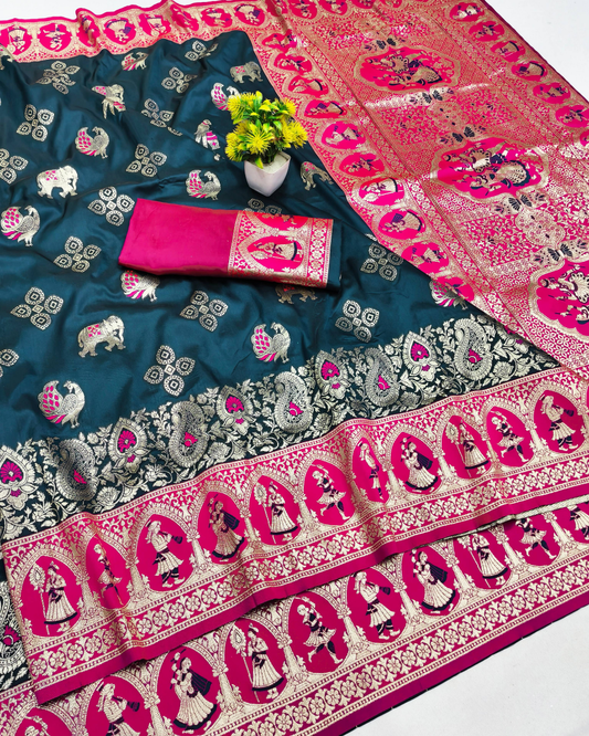 Teal Blue Banarasi Silk Saree with Royal Human Figure Border & Meenakari Peacock Motifs