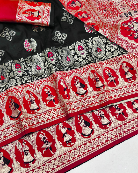 Black Banarasi Silk Saree with Royal Human Figure Border & Meenakari Peacock Motifs
