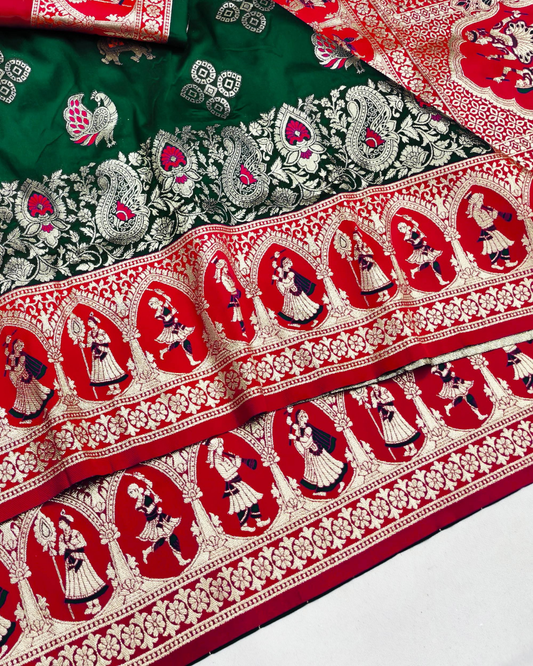 Forest Green Banarasi Silk Saree with Royal Procession Border