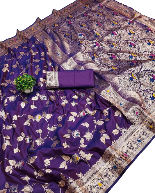 Royal Purple Silk Saree with Floral Zari Weaving