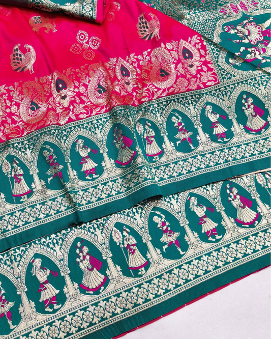 Rani Pink Banarasi Silk Saree with Royal Human Figure Border & Meenakari Peacock Motifs