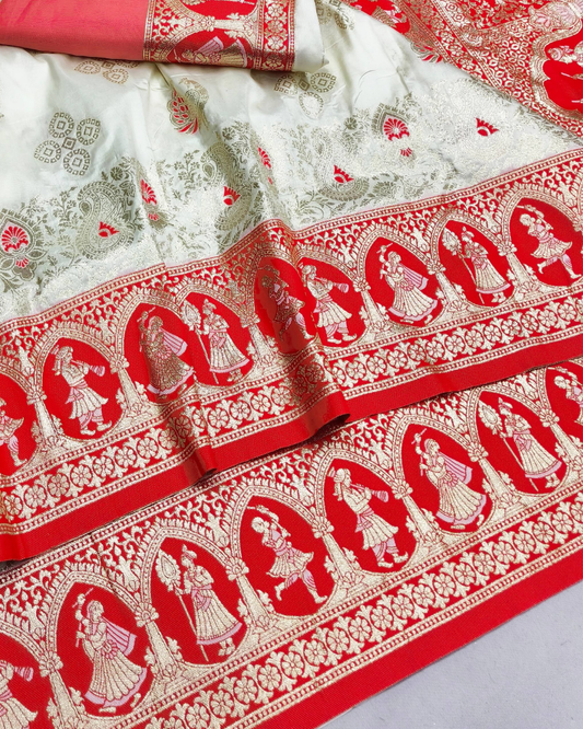 Off White Banarasi Silk Saree with Royal Human Figure Border & Meenakari Peacock Motifs