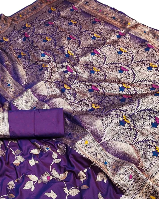 Royal Purple Silk Saree with Floral Zari Weaving