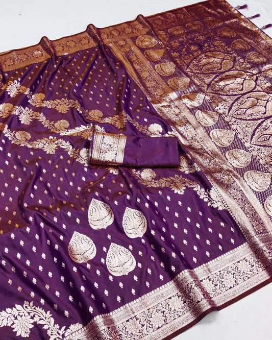 Dual Tone Wine Banarasi Silk Saree with Paisley Jaal & Grand Banarasi Pallu
