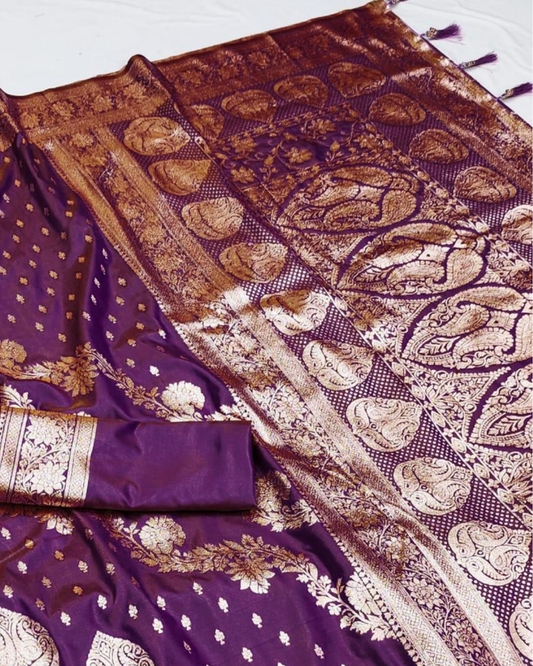 Dual Tone Wine Banarasi Silk Saree with Paisley Jaal & Grand Banarasi Pallu