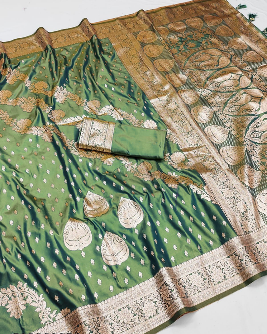 Dual Tone Olive Green Banarasi Silk Saree with Paisley Jaal & Grand Banarasi Pallu