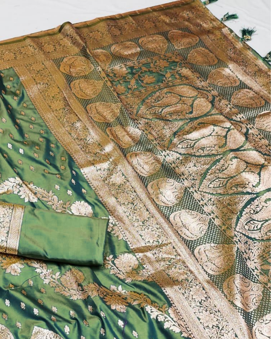 Dual Tone Olive Green Banarasi Silk Saree with Paisley Jaal & Grand Banarasi Pallu