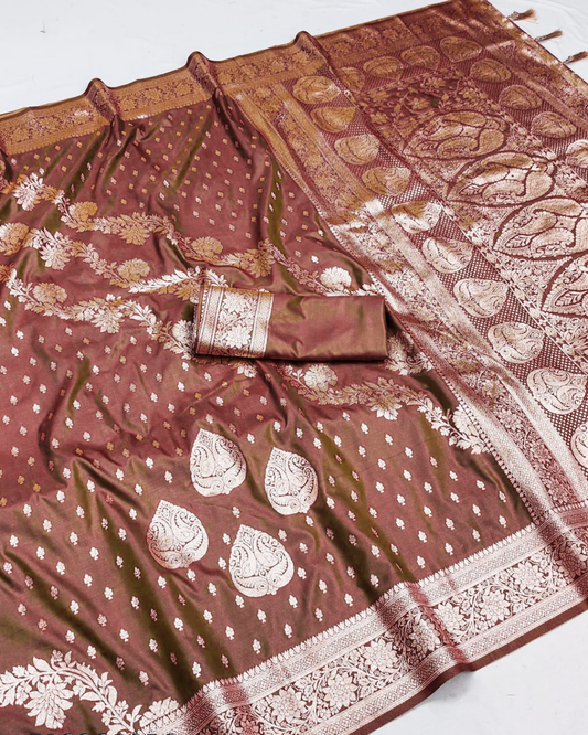 Dual Tone Mocha Brown Banarasi Silk Saree with Paisley Jaal & Grand Banarasi Pallu