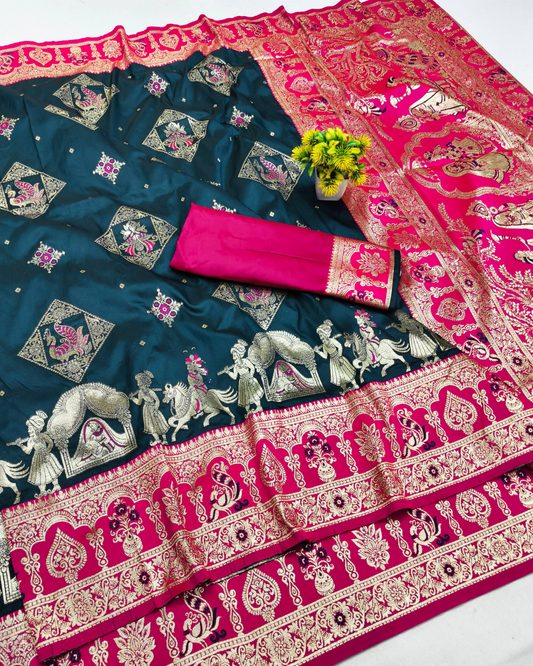 Teal Blue Banarasi Silk Saree with Royal Procession Border