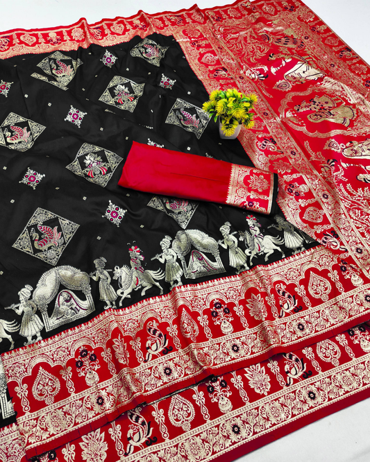 Black Banarasi Silk Saree with Royal Procession Border