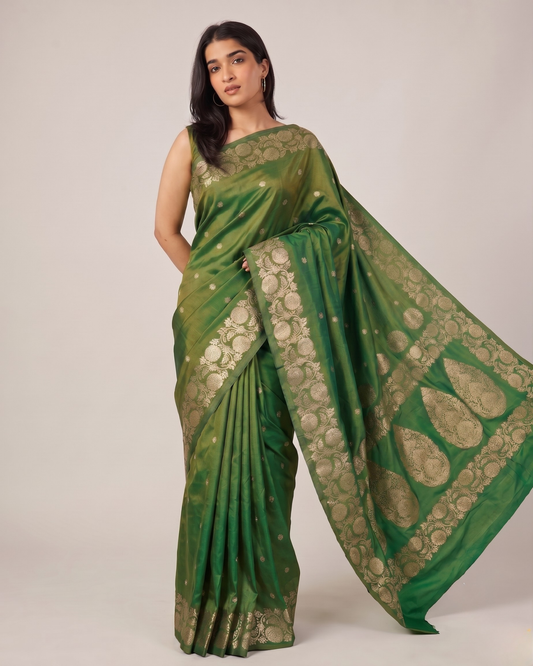 Emerald Green Banarasi Silk Saree with Floral Zari Border & Rich Pallu