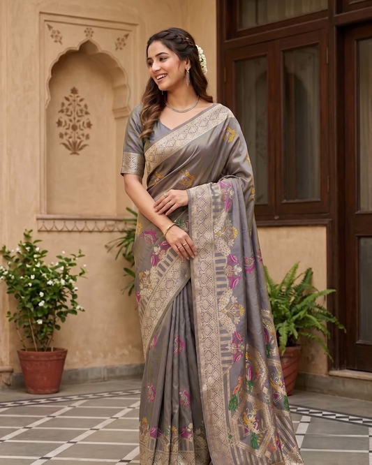 Dual Tone Lavender Banarasi Silk Saree with Multicolor Bird Zari Weaving