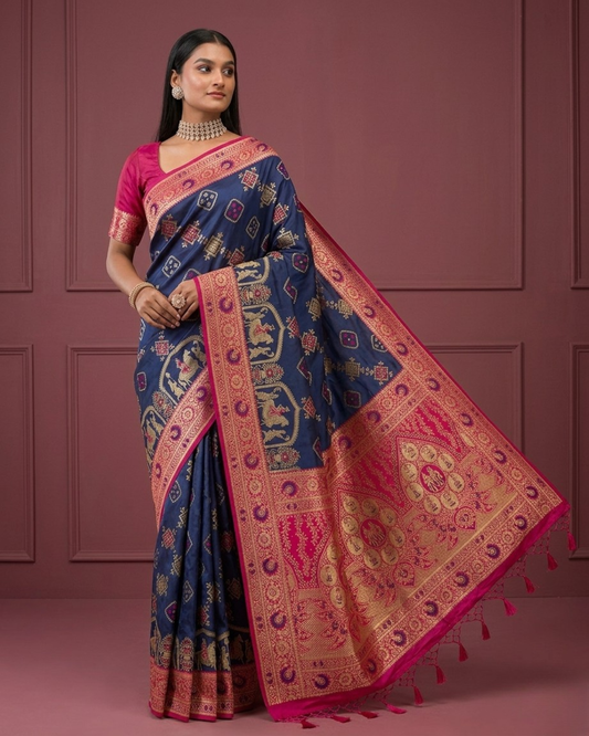 Royal Blue Banarasi Silk Saree with Contrast Rani Pink Border & Designer Pallu