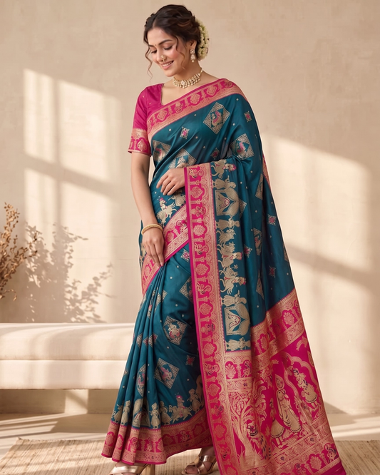 Teal Blue Banarasi Silk Saree with Meenakari Border & Heavy Pallu