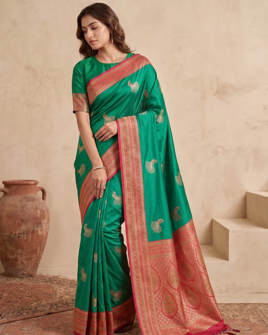Emerald Green Banarasi Saree with Peacock Zari Weaving