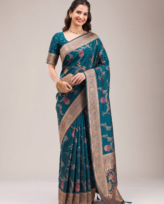 Teal Blue Banarasi Silk Saree with Floral Zari Weaving