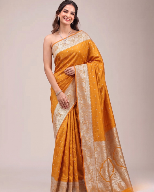 Mustard Orange Banarasi Silk Saree with Rich Floral Zari Pallu