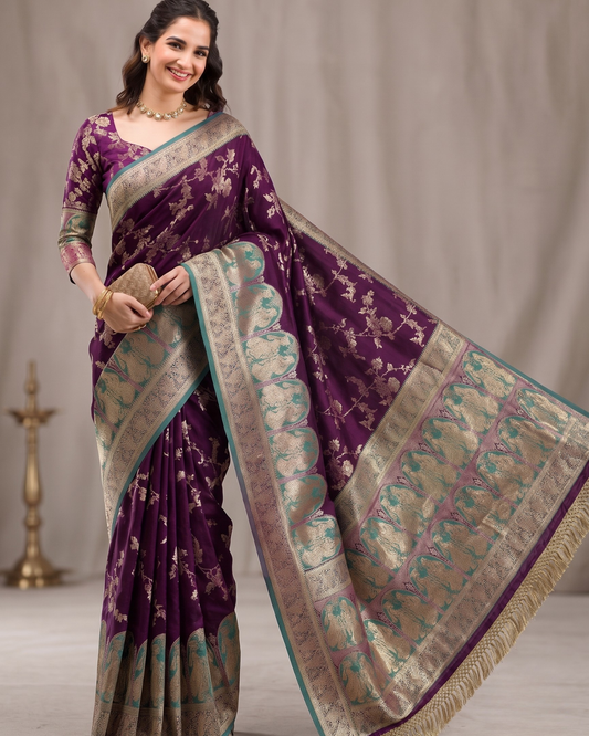 Wine Purple Banarasi Silk Saree with Contrast Aqua Blue Rajwadi Zari Border