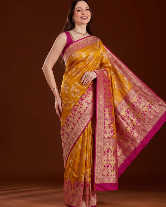 Yellow Banarasi Silk Saree with Contrast Rani Pink Rajwadi Zari Border